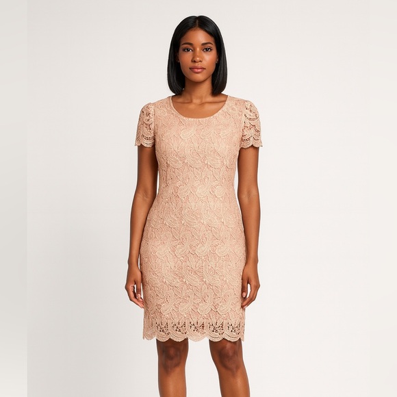 Blush Nude Crochet Lace Sheath Dress by Michael K - Picture 5 of 9